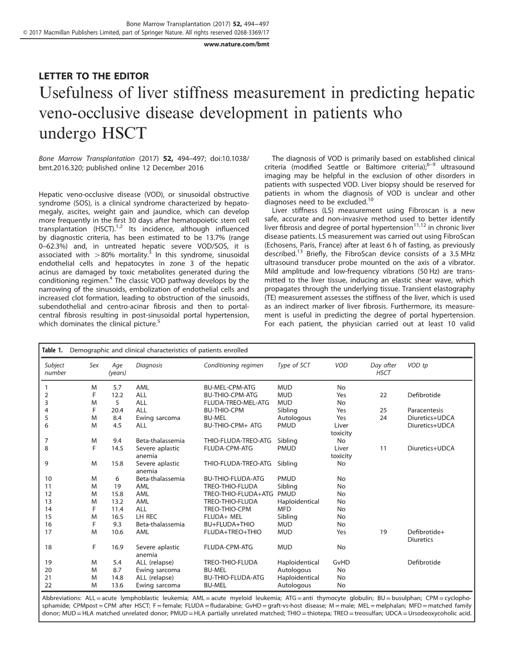Usefulness of Liver Stiffness Measurement in Predicting Hepatic Veno-Occlusive Disease Development in Patients Who Undergo HSCT
