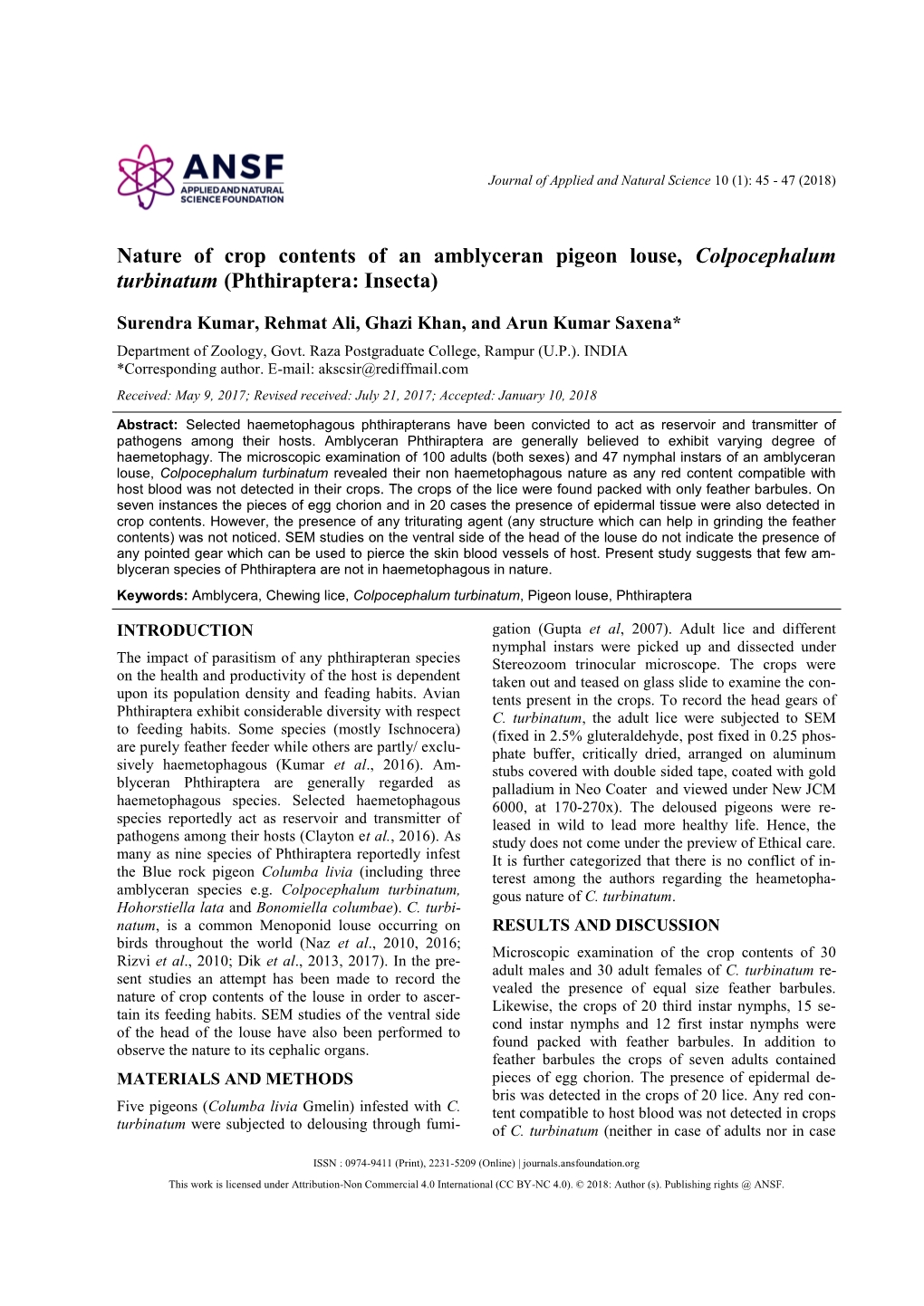 Nature of Crop Contents of an Amblyceran Pigeon Louse, Colpocephalum Turbinatum (Phthiraptera: Insecta)