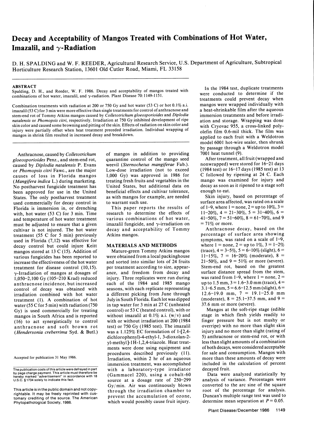 Decay and Acceptability of Mangos Treated with Combinations of Hot Water, Imazalil, and Y-Radiation