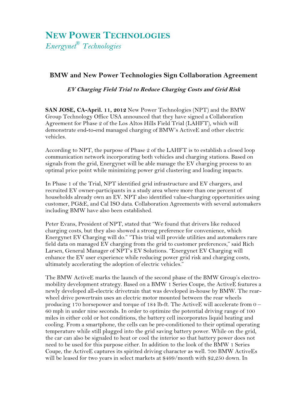 BMW and New Power Technologies Sign Collaboration Agreement