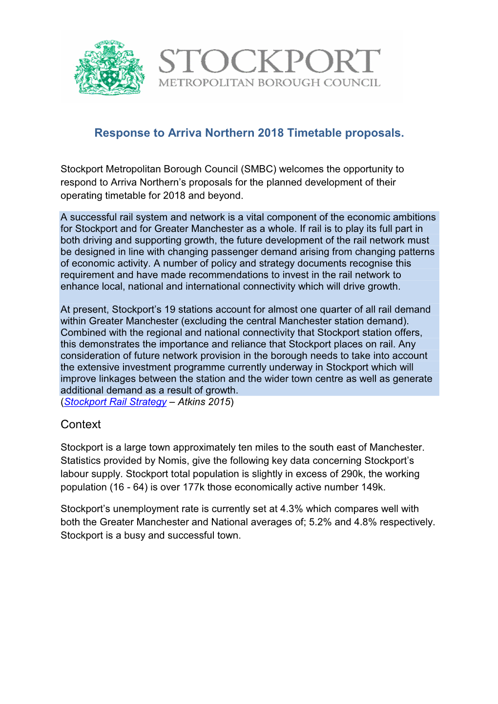 Response to Arriva Northern 2018 Timetable Proposals. Context