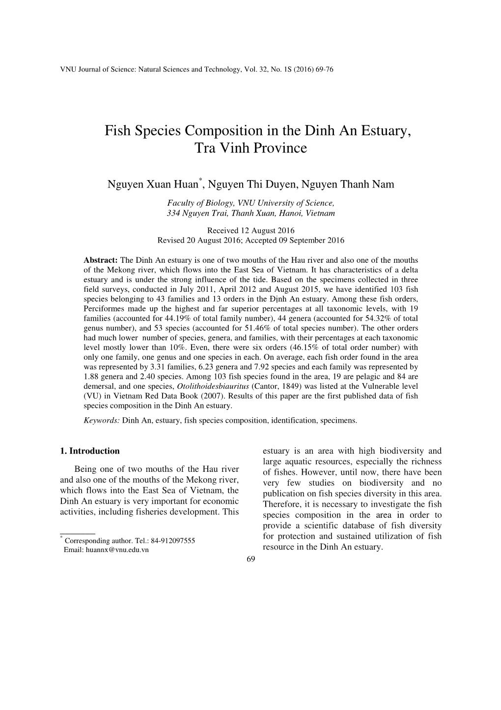 Fish Species Composition in the Dinh an Estuary, Tra Vinh Province