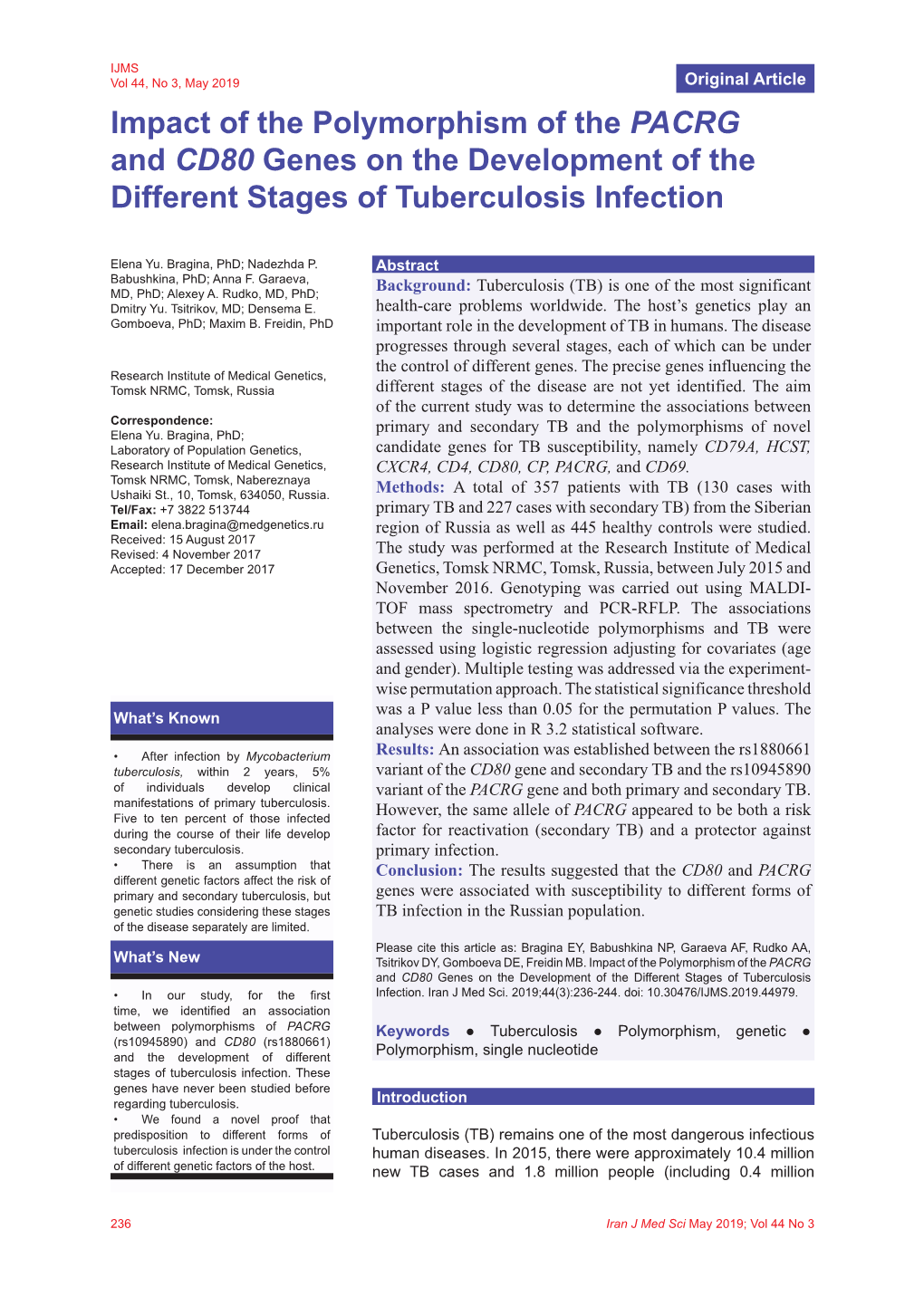 Impact of the Polymorphism of the PACRG and CD80 Genes on the Development of the Different Stages of Tuberculosis Infection