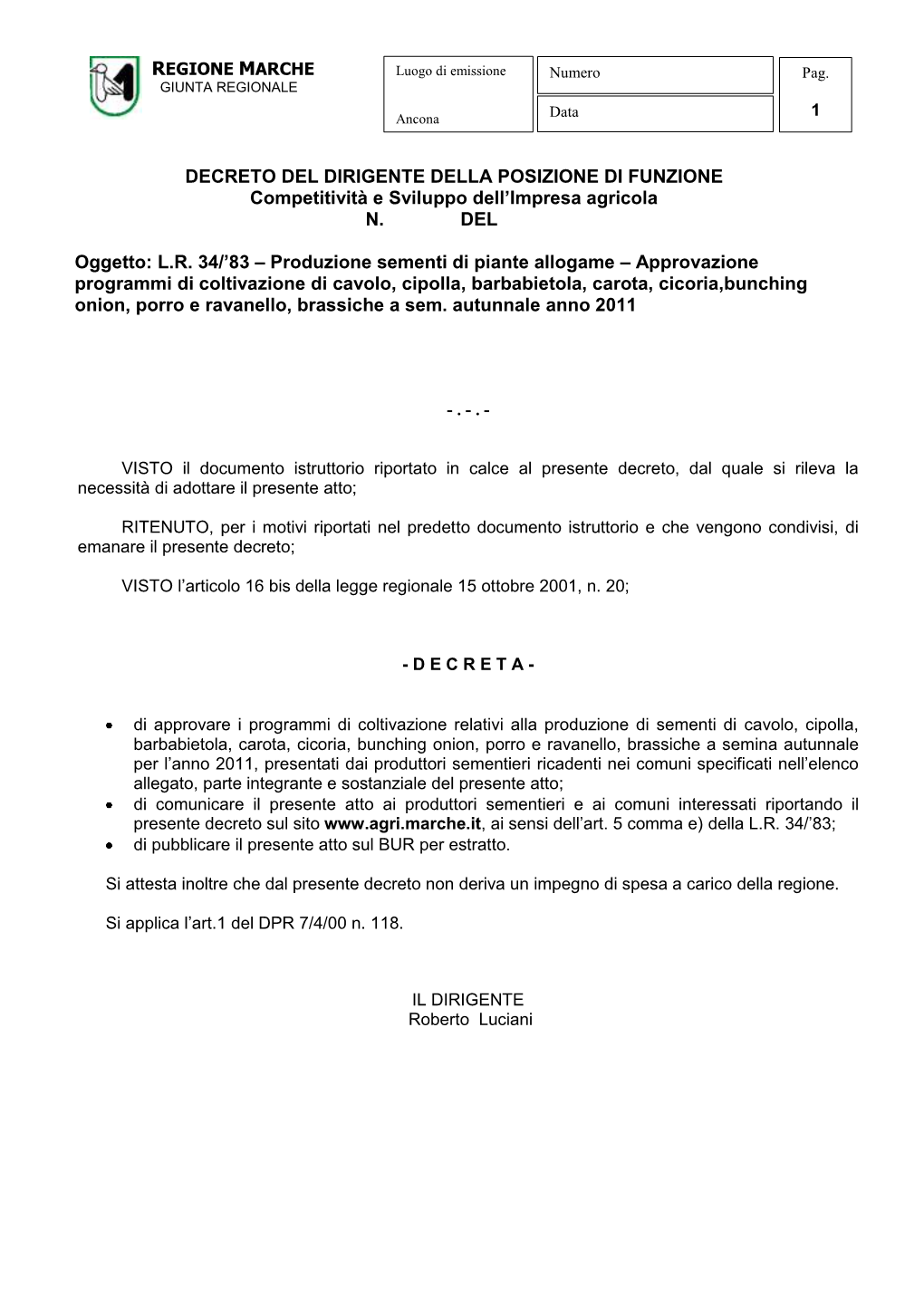 Decreto N. 222/CSI Del 09/03/2011