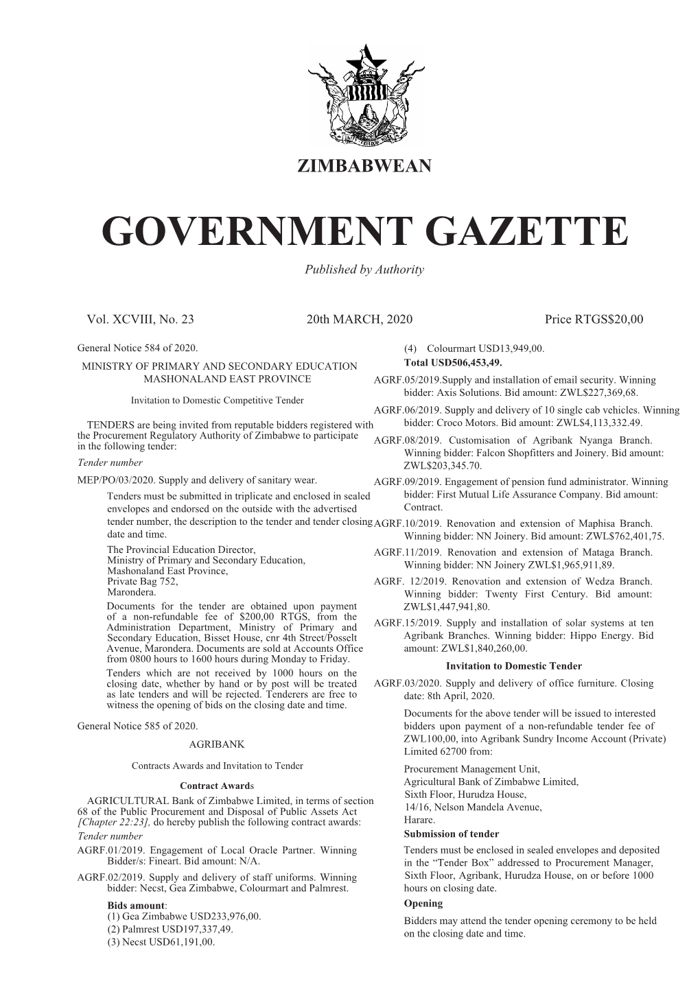 Zw-Government-Gazette-Dated-2020-03-20-No-23.Pdf