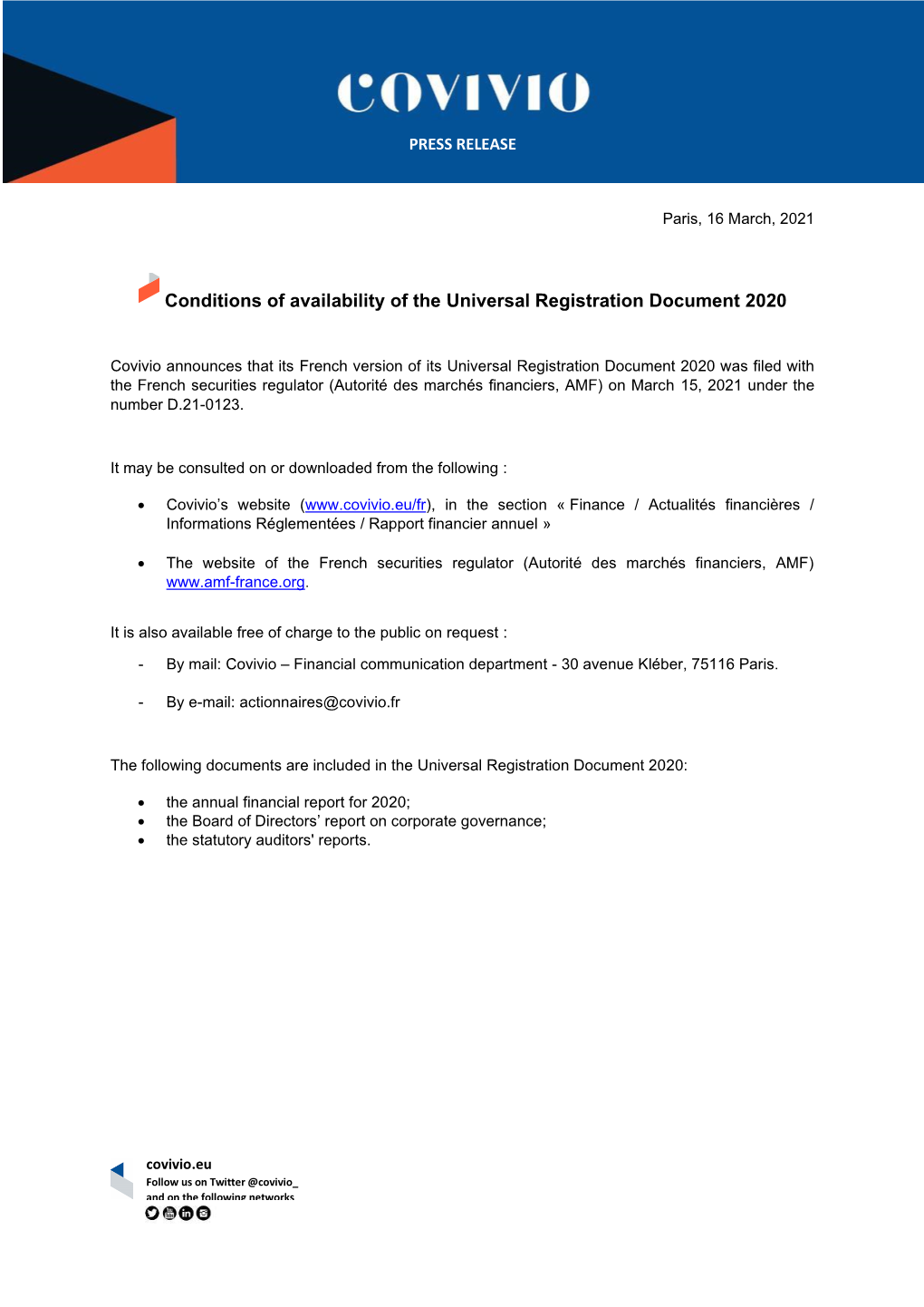Conditions of Availability of the Universal Registration Document 2020