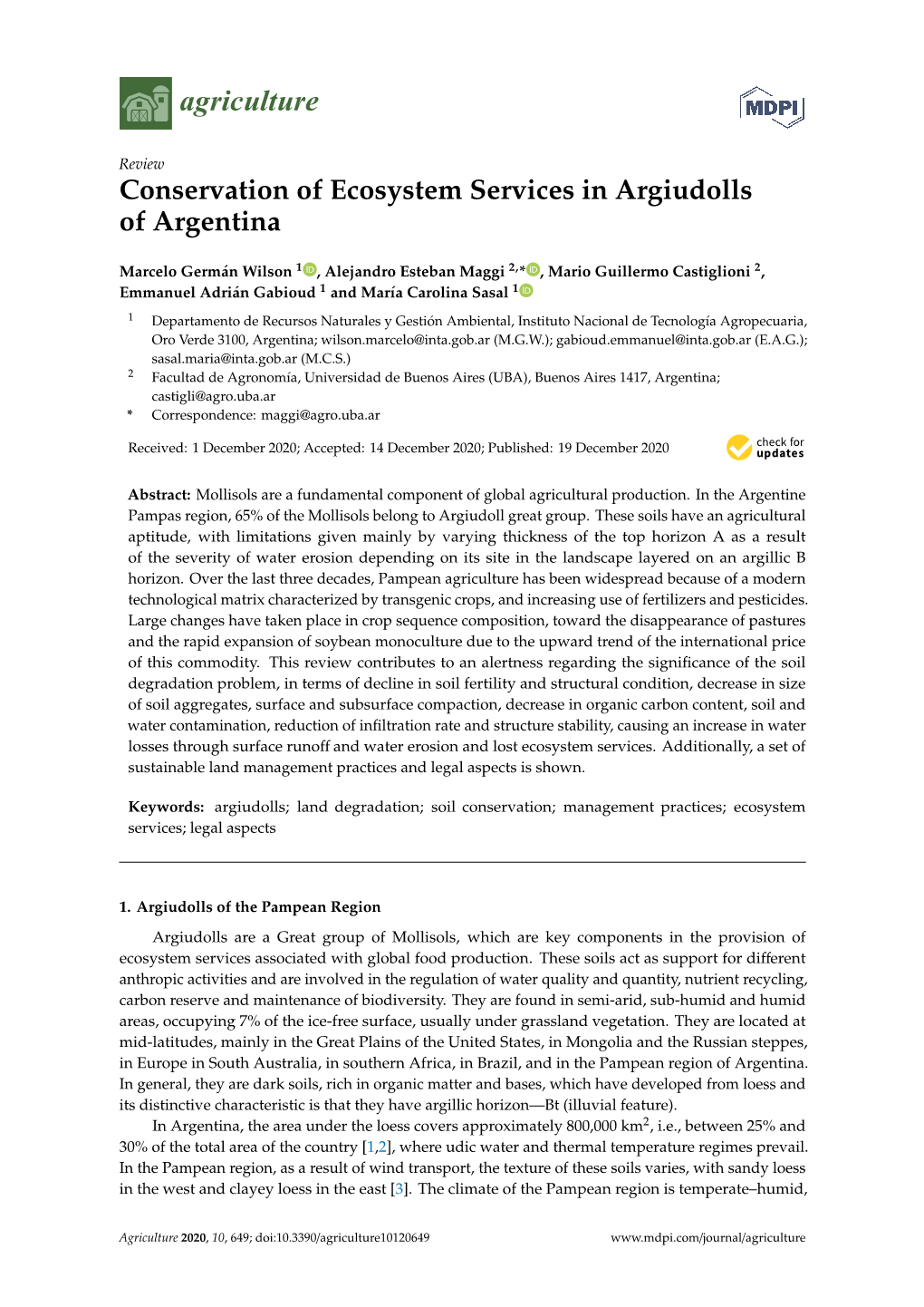 Conservation of Ecosystem Services in Argiudolls of Argentina