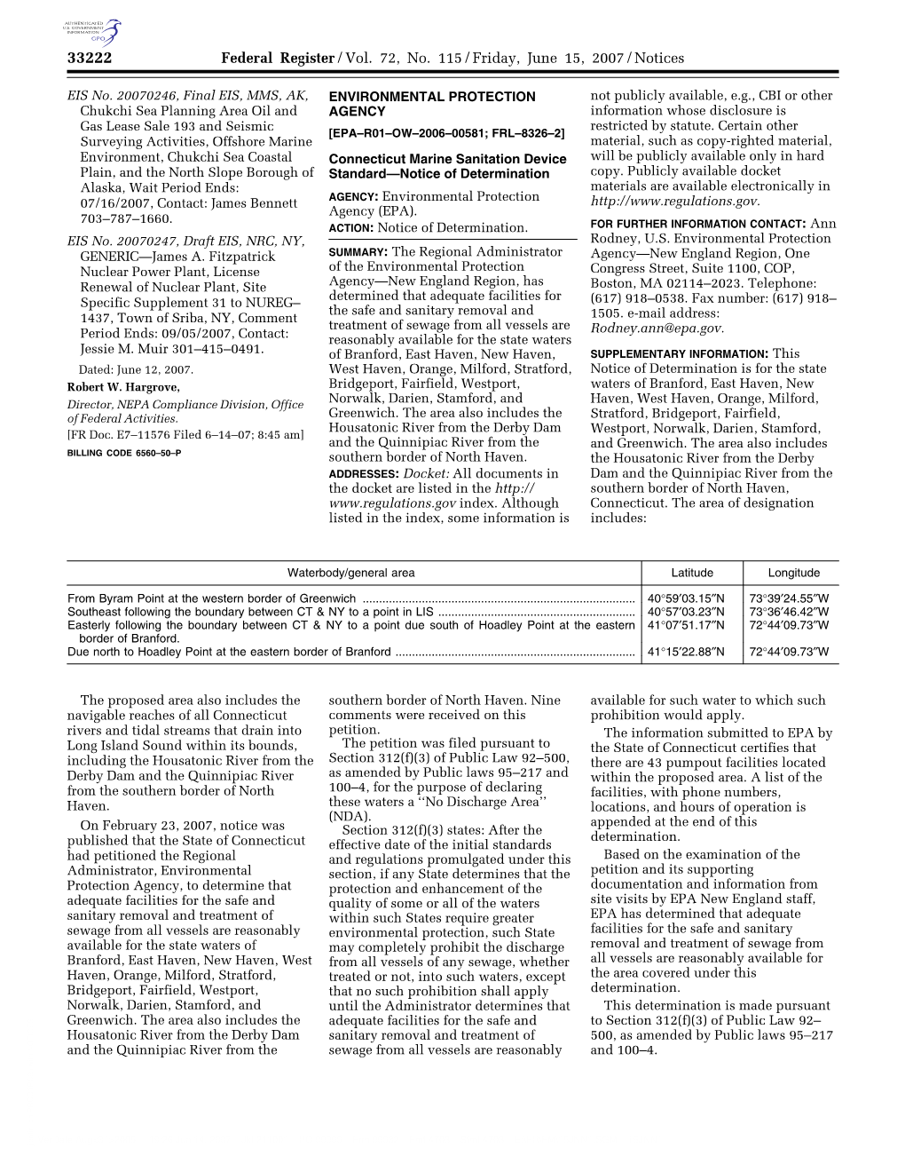 Federal Register/Vol. 72, No. 115/Friday, June 15, 2007/Notices