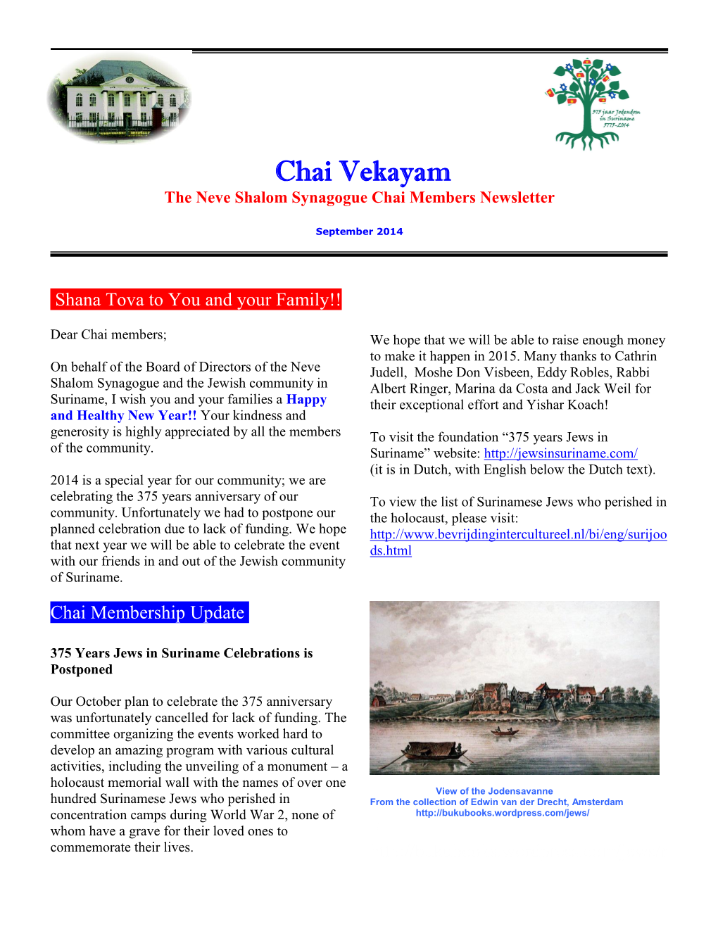 Chai Vekayam the Neve Shalom Synagogue Chai Members Newsletter