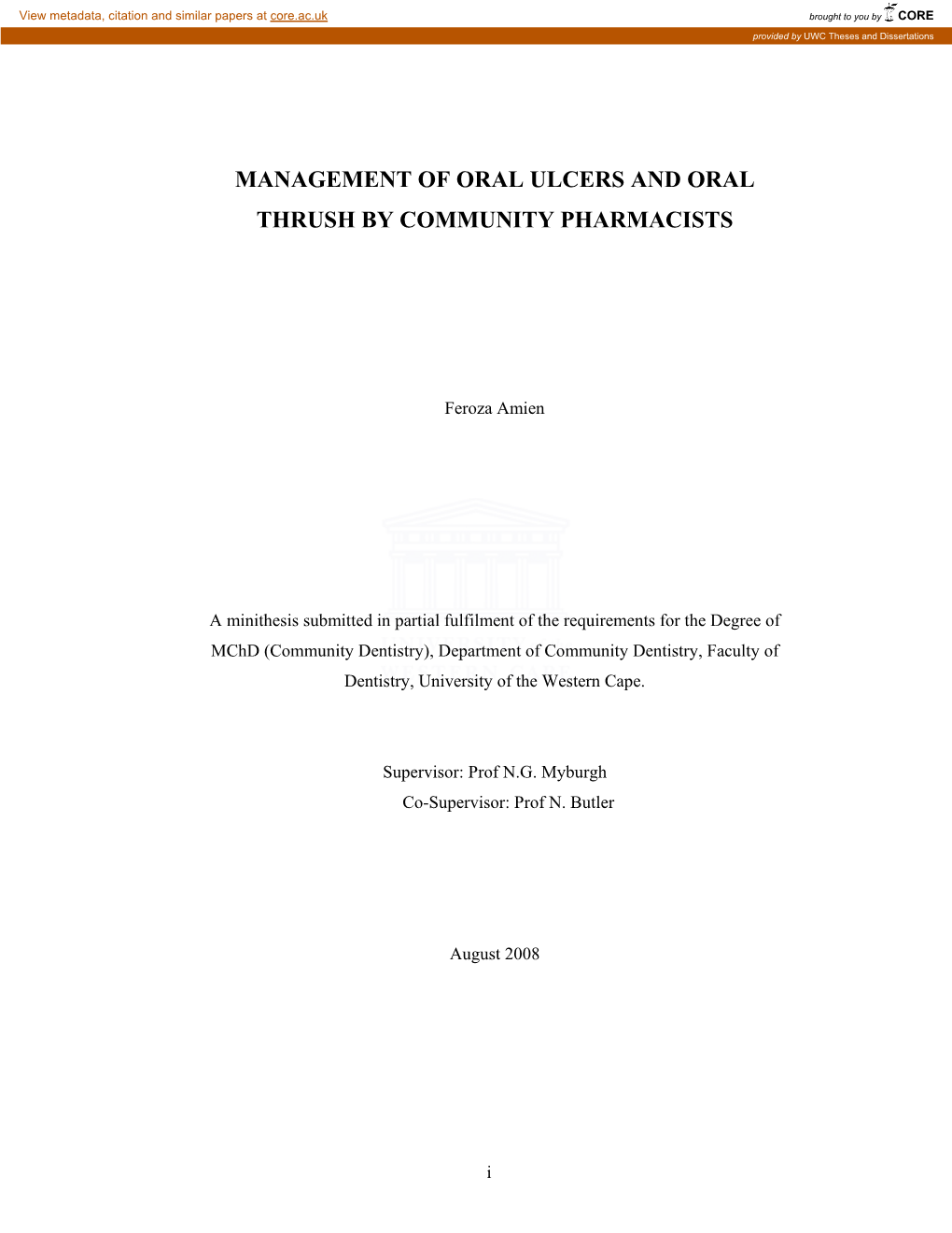 Management of Oral Ulcers and Oral Thrush by Community Pharmacists F