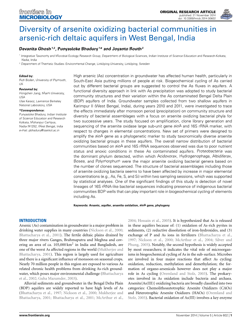 Diversity of Arsenite Oxidizing Bacterial Communities in Arsenic-Rich Deltaic Aquifers in West Bengal, India