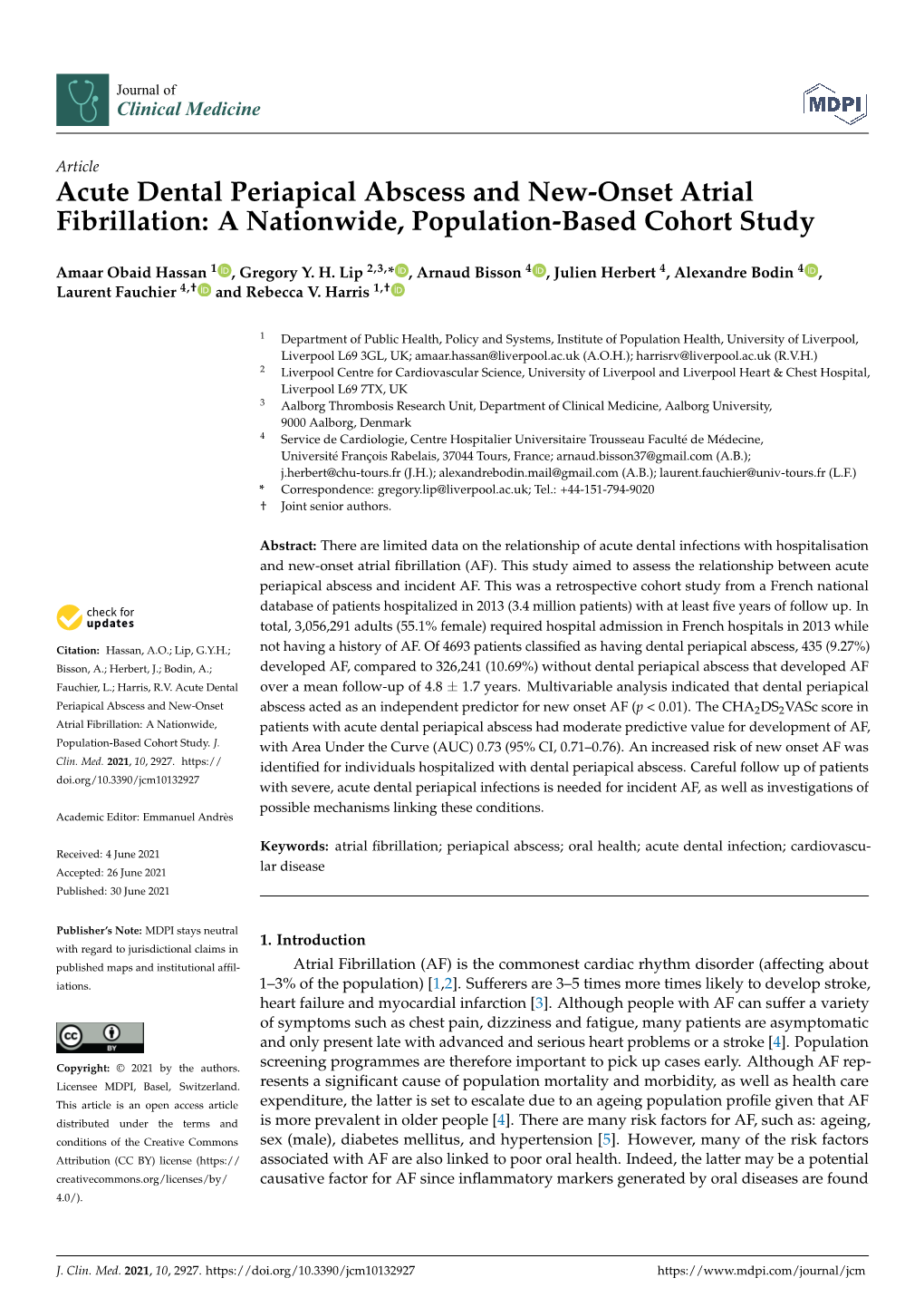 Acute Dental Periapical Abscess and New-Onset Atrial Fibrillation: a Nationwide, Population-Based Cohort Study