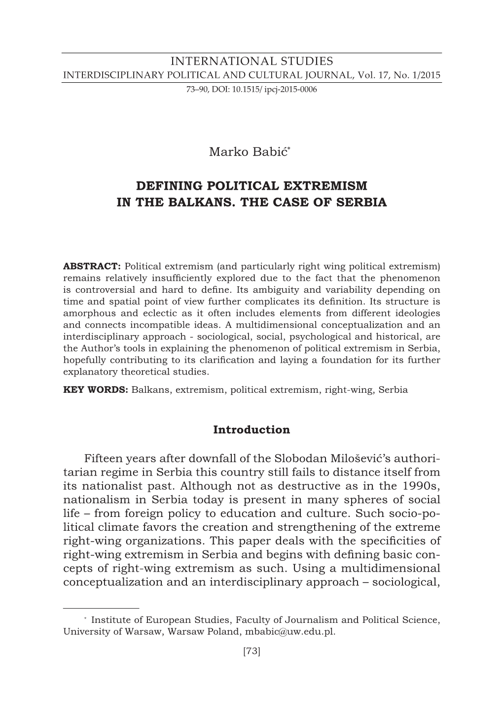 Marko Babić* Defining Political Extremism in the Balkans. The