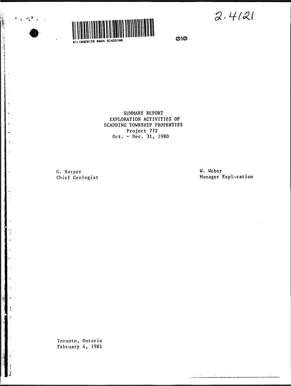 Sumary Rpt Expl Activities of Scadding Twp Proj 772