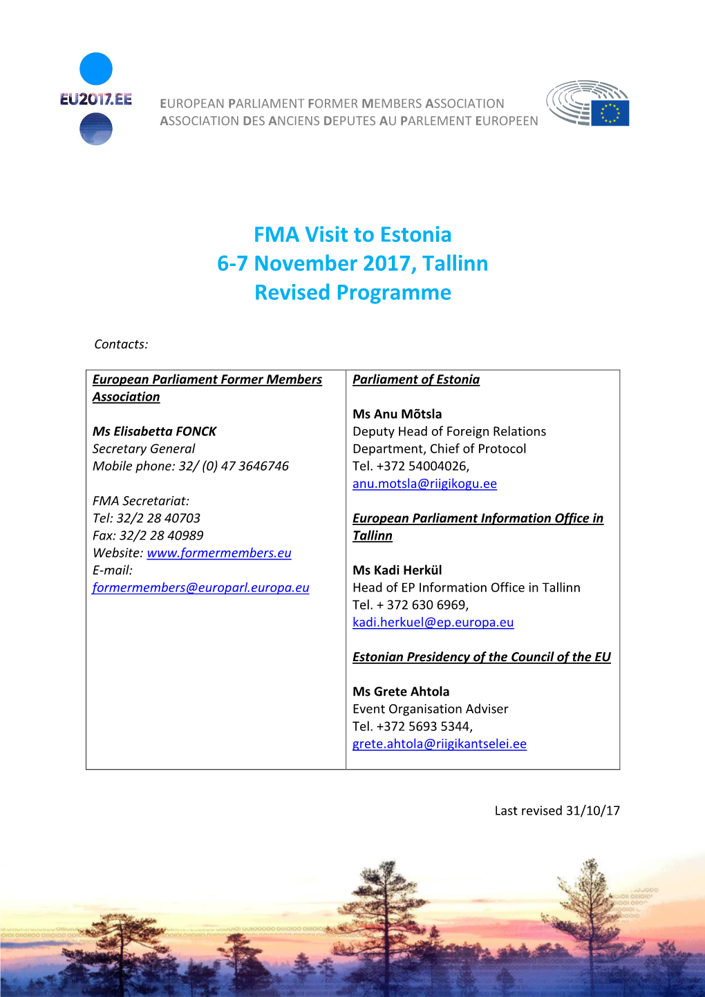 FMA Visit to Estonia 6-7 November 2017, Tallinn Revised Programme