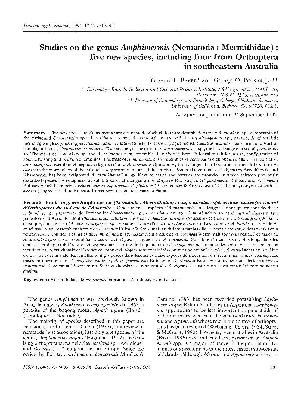 Studies on the Genus Amphimermis (Nematoda : Mermithidae) : Five New Species, Including Four from Orthoptera in Southeastern Australia