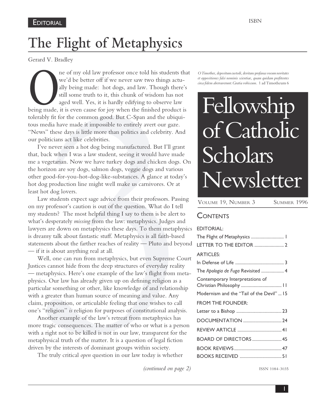 Fellowship of Catholic Scholars Newsletter