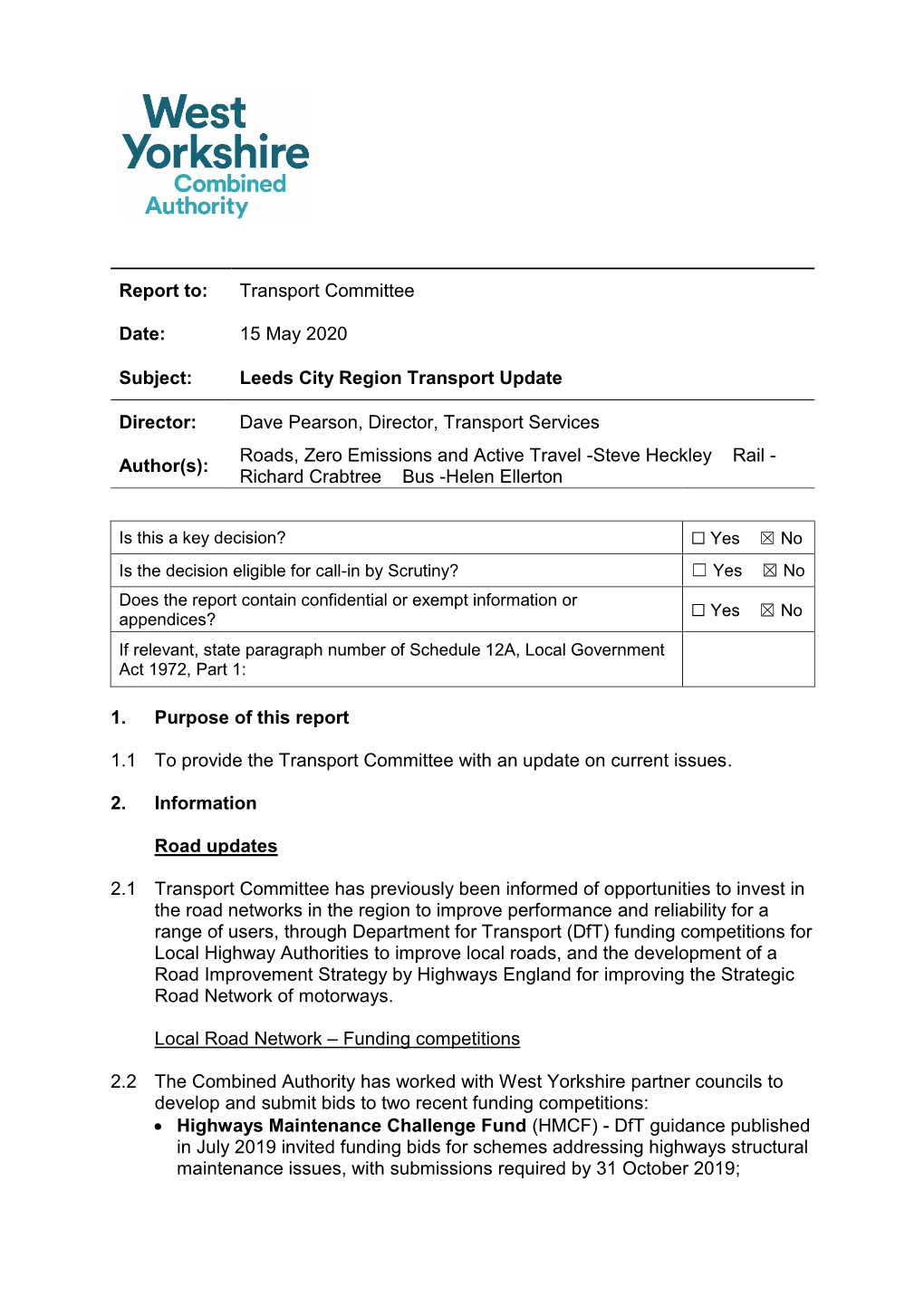 15 May 2020 Subject: Leeds City Region Transport Update Director