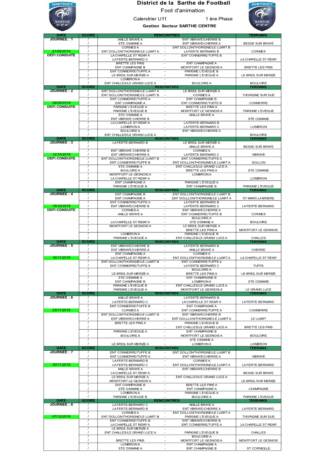 District De La Sarthe De Football Foot D'animation Calendrier U11 1 Ère Phase Gestion Secteur SARTHE CENTRE