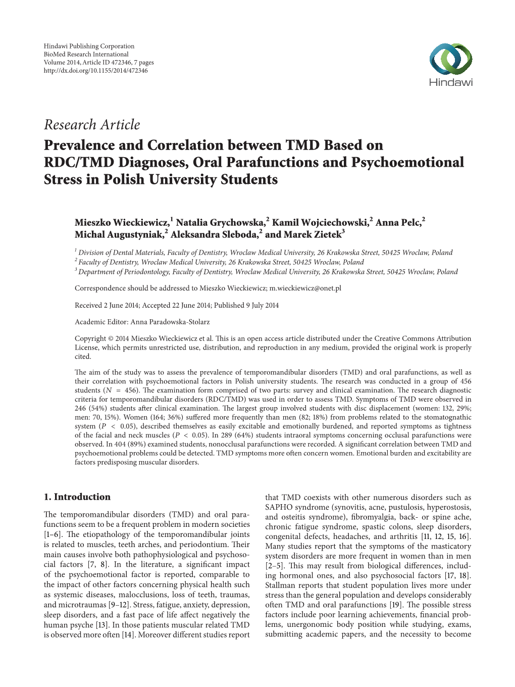 Prevalence and Correlation Between TMD Based on RDC/TMD Diagnoses, Oral Parafunctions and Psychoemotional Stress in Polish University Students