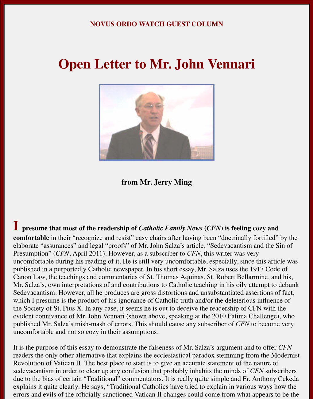 Open Letter to Mr. John Vennari by Jerry Meng