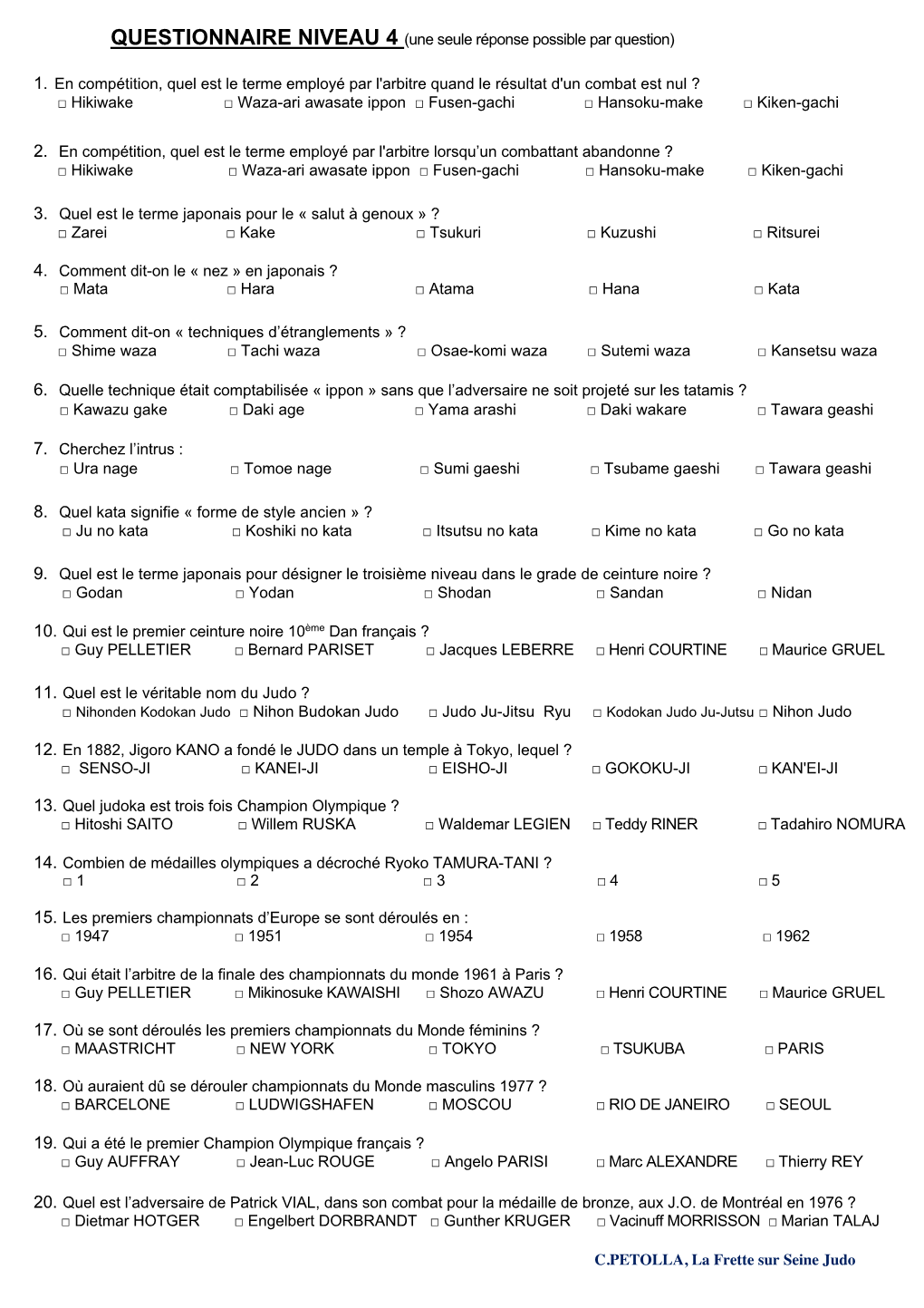 Questionnaire De Connaissances Niveau 4