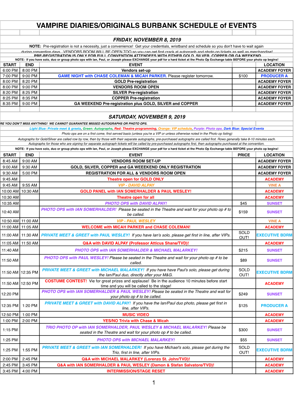 VAMPIRE DIARIES/ORIGINALS BURBANK SCHEDULE of EVENTS