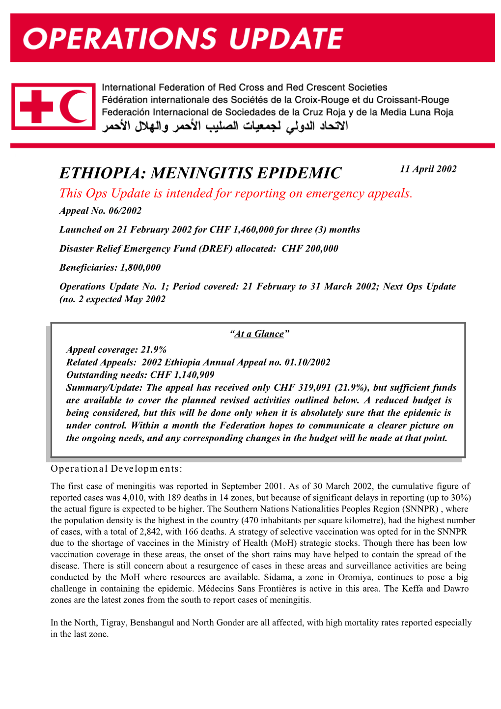 ETHIOPIA: MENINGITIS EPIDEMIC 11 April 2002 This Ops Update Is Intended for Reporting on Emergency Appeals