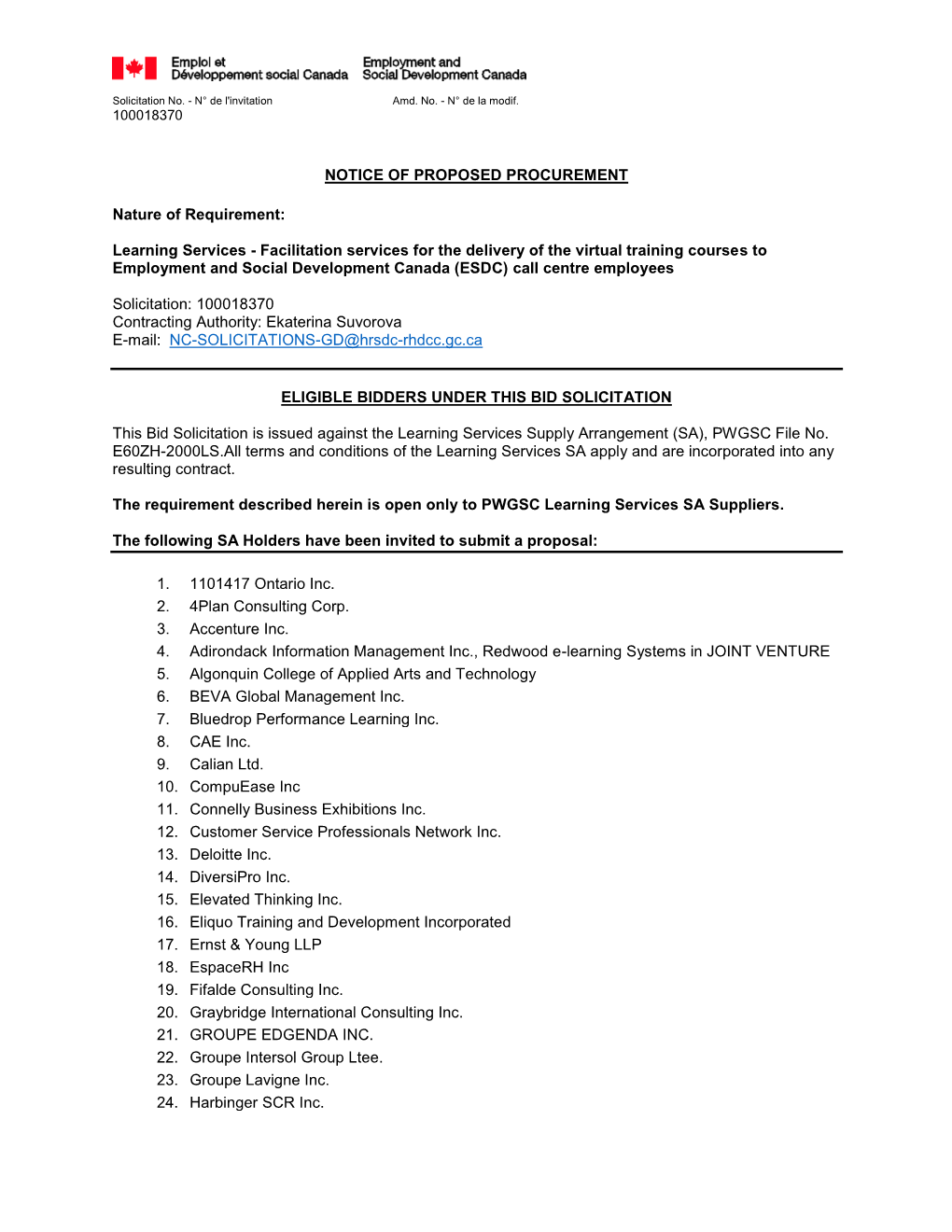 Learning Services - Facilitation Services for the Delivery of the Virtual Training Courses to Employment and Social Development Canada (ESDC) Call Centre Employees