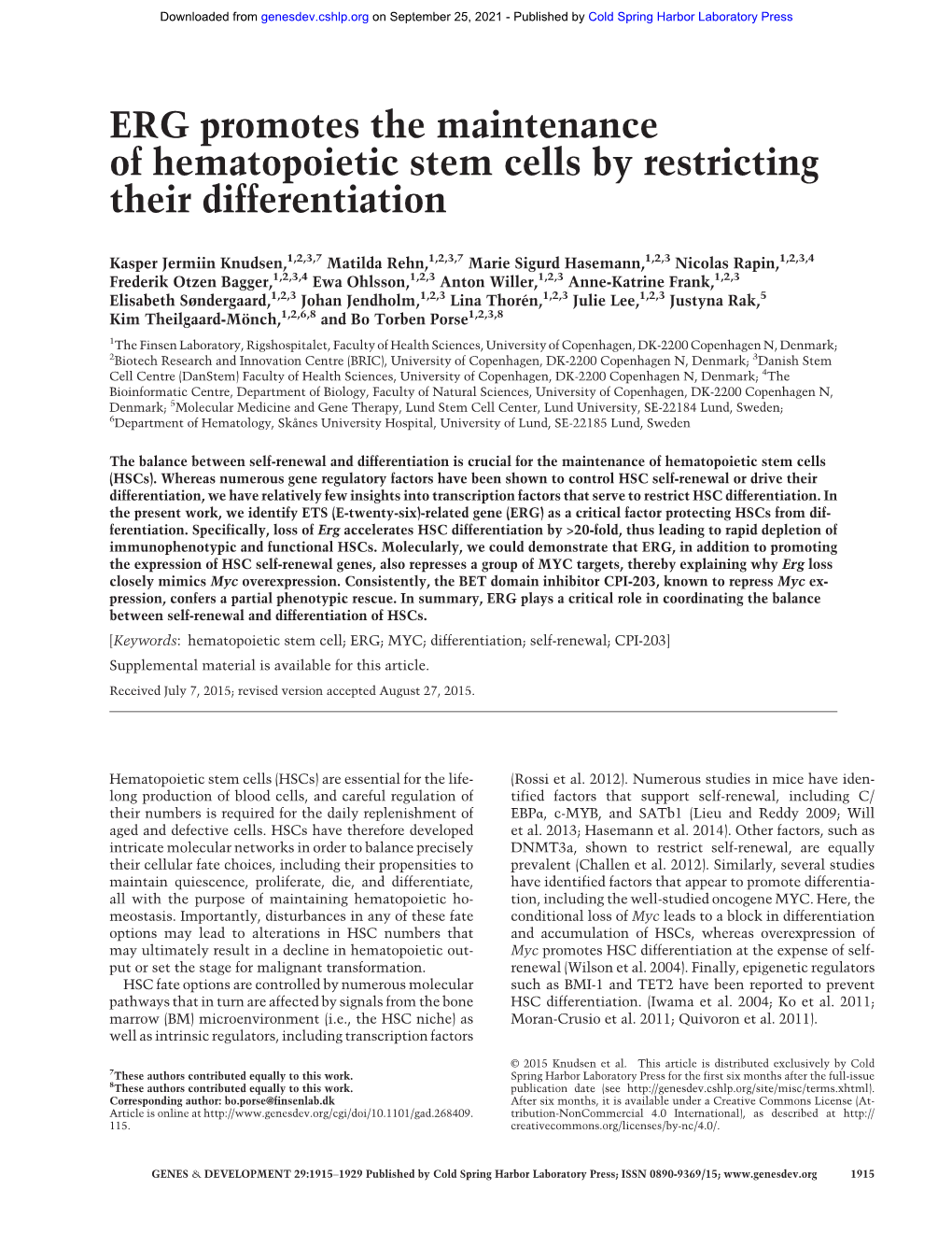 ERG Promotes the Maintenance of Hematopoietic Stem Cells by Restricting Their Differentiation
