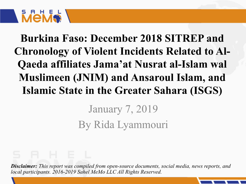 Burkina Faso: December 2018 SITREP and Chronology of Violent Incidents Related to Al- Qaeda Affiliates Jama'at Nusrat Al-Islam