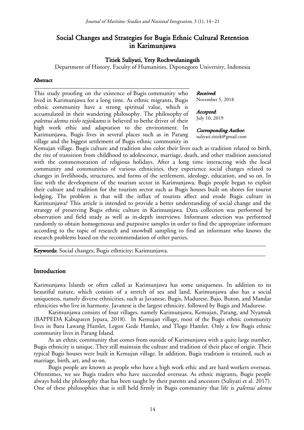 Social Changes and Strategies for Bugis Ethnic Cultural Retention in Karimunjawa