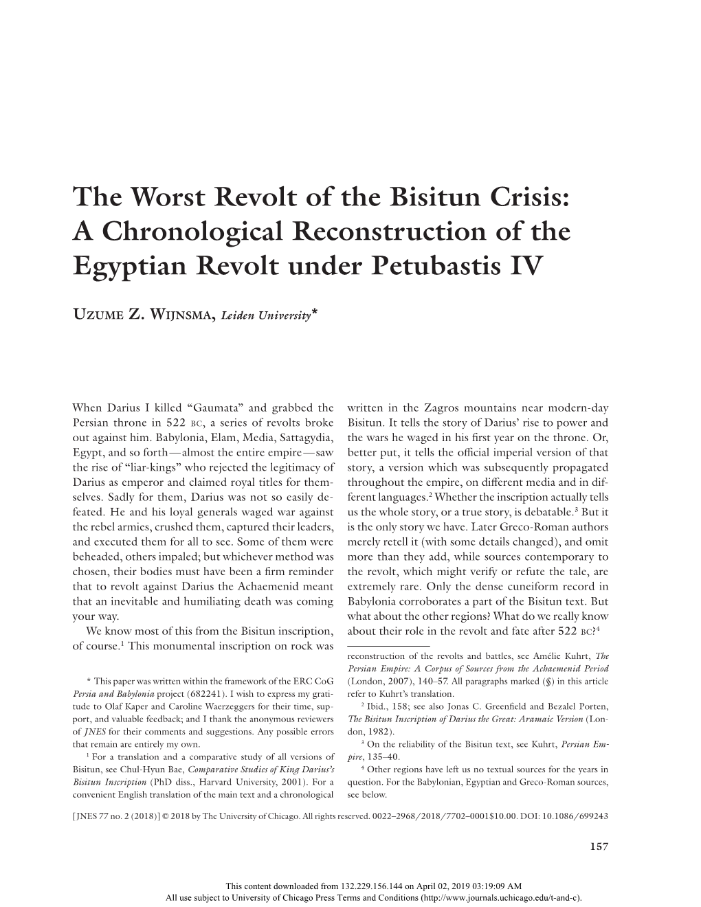 The Worst Revolt of the Bisitun Crisis: a Chronological Reconstruction of the Egyptian Revolt Under Petubastis IV