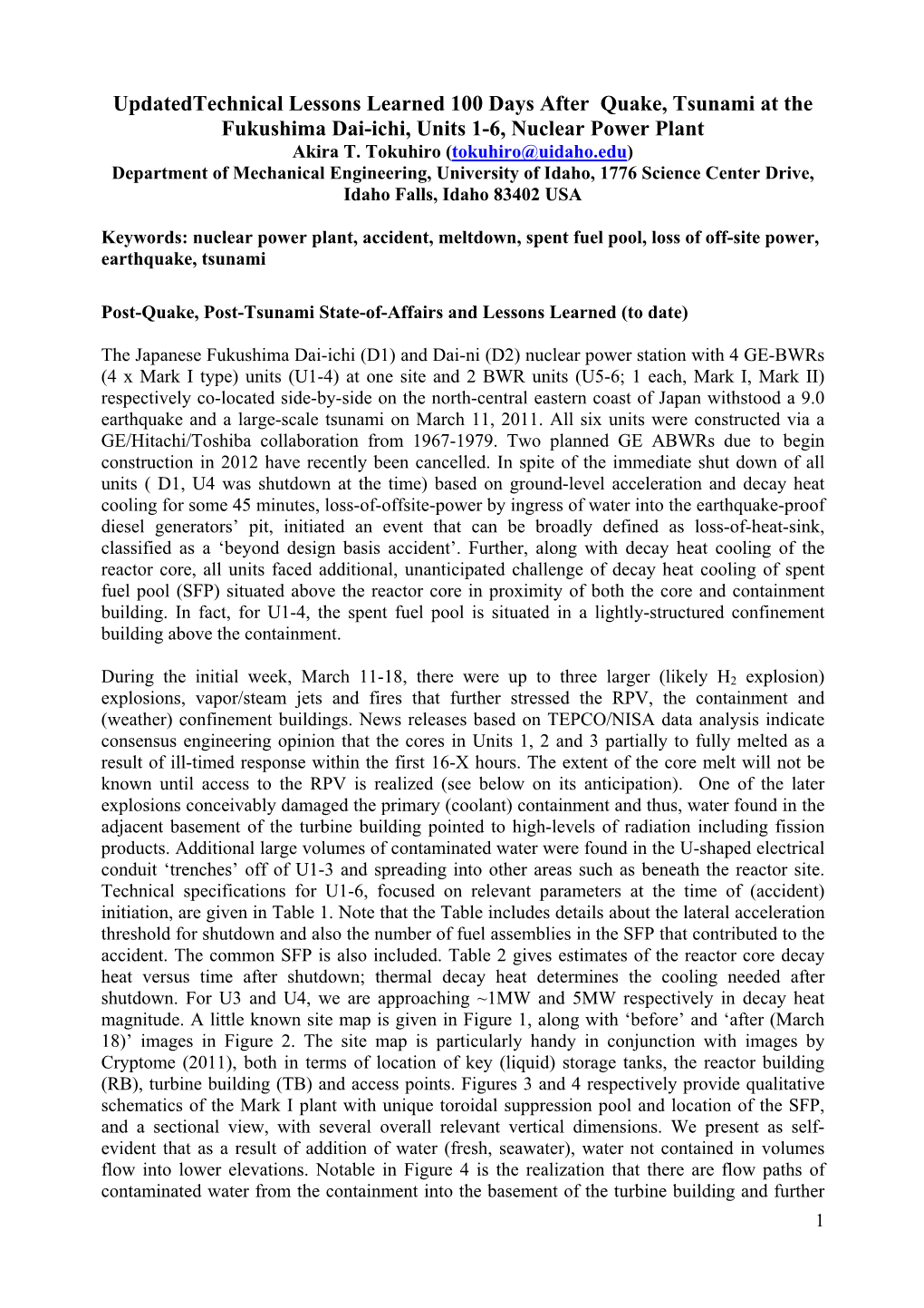 Updatedtechnical Lessons Learned 100 Days After Quake, Tsunami at the Fukushima Dai-Ichi, Units 1-6, Nuclear Power Plant Akira T