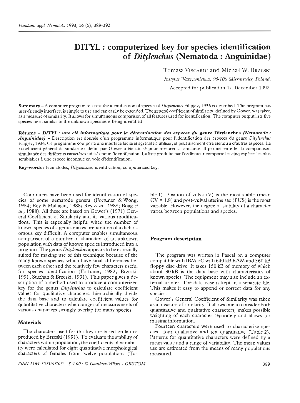 DITYL : Computerized Key for Species Identification of Ditylenchus