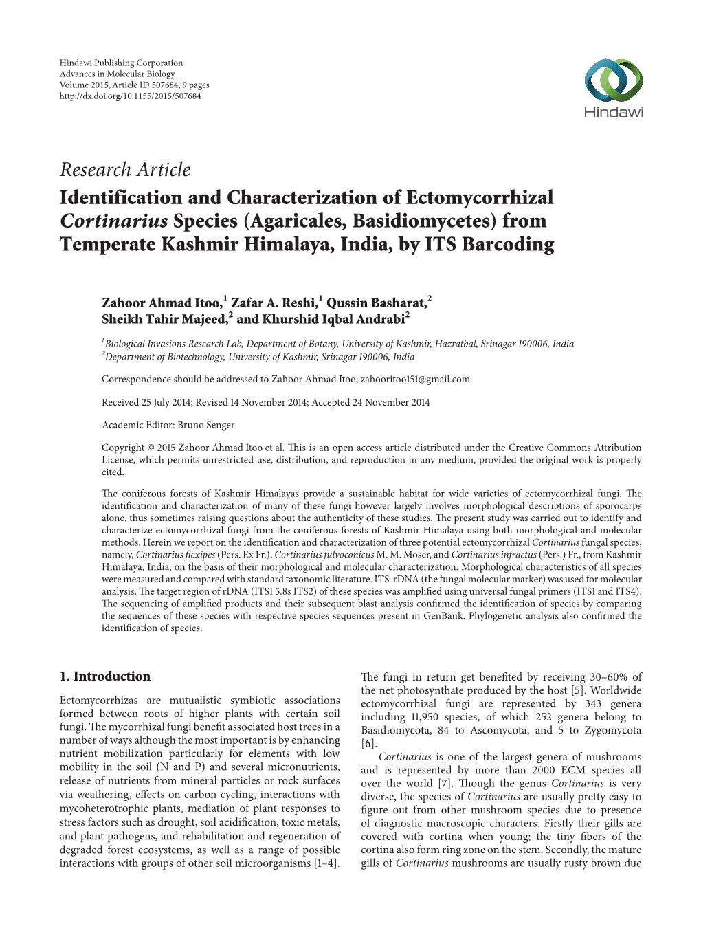 Identification and Characterization of Ectomycorrhizal Cortinarius Species (Agaricales, Basidiomycetes) from Temperate Kashmir Himalaya, India, by ITS Barcoding