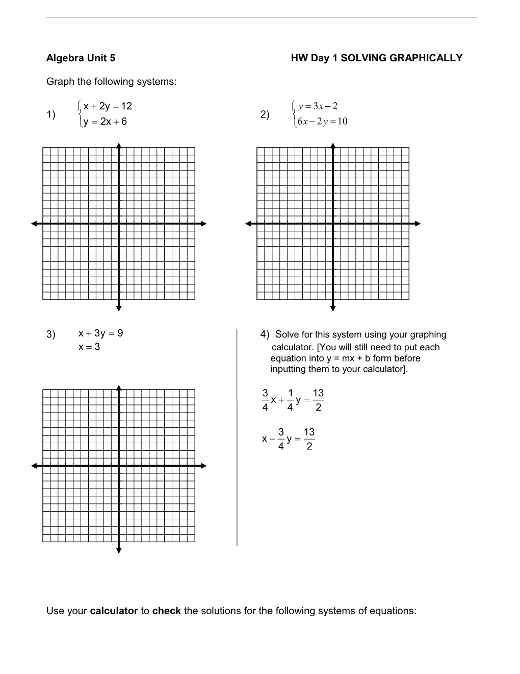 Algebra Unit 5 HW Day 1 SOLVING GRAPHICALLY