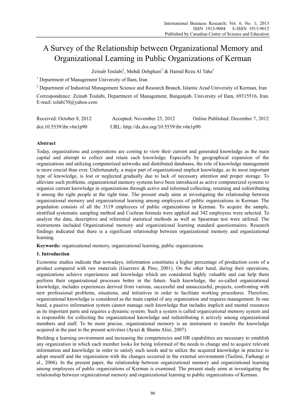 A Survey of the Relationship Between Organizational Memory and Organizational Learning in Public Organizations of Kerman