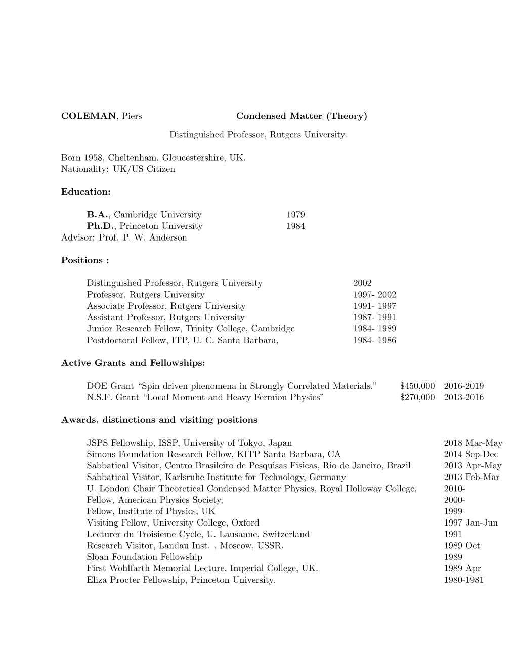 COLEMAN, Piers Condensed Matter (Theory)