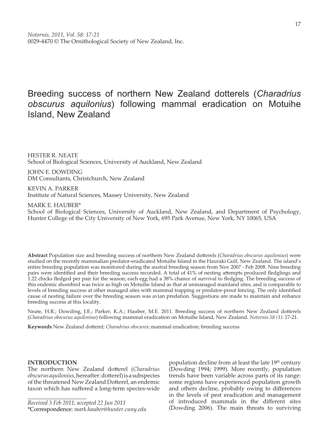 Breeding Success of Northern New Zealand Dotterels (Charadrius Obscurus Aquilonius) Following Mammal Eradication on Motuihe Island, New Zealand