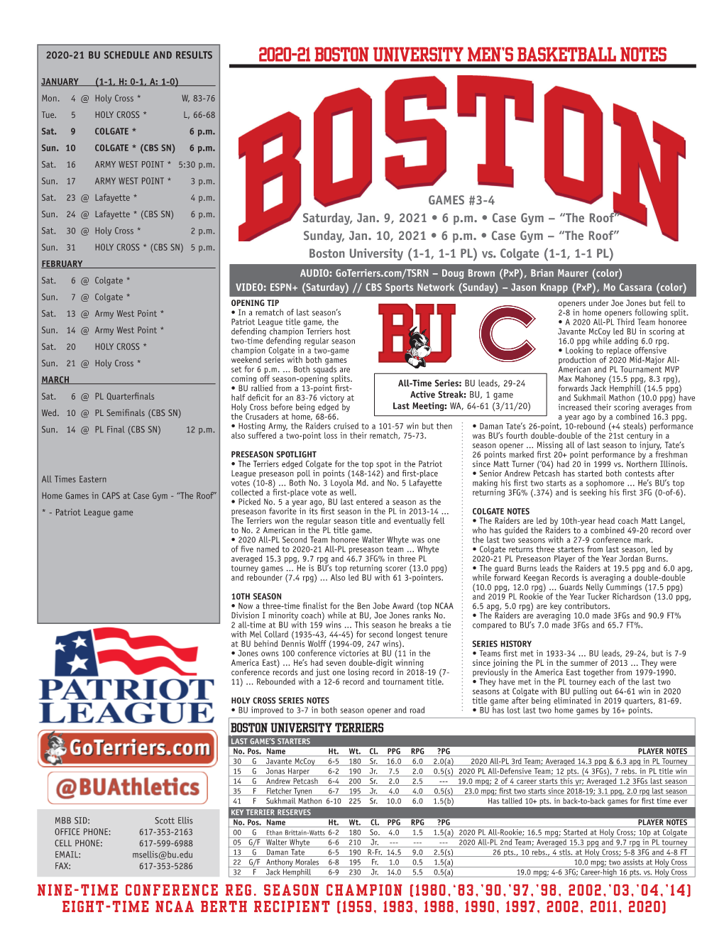2020-21 Boston University Men's Basketball Notes