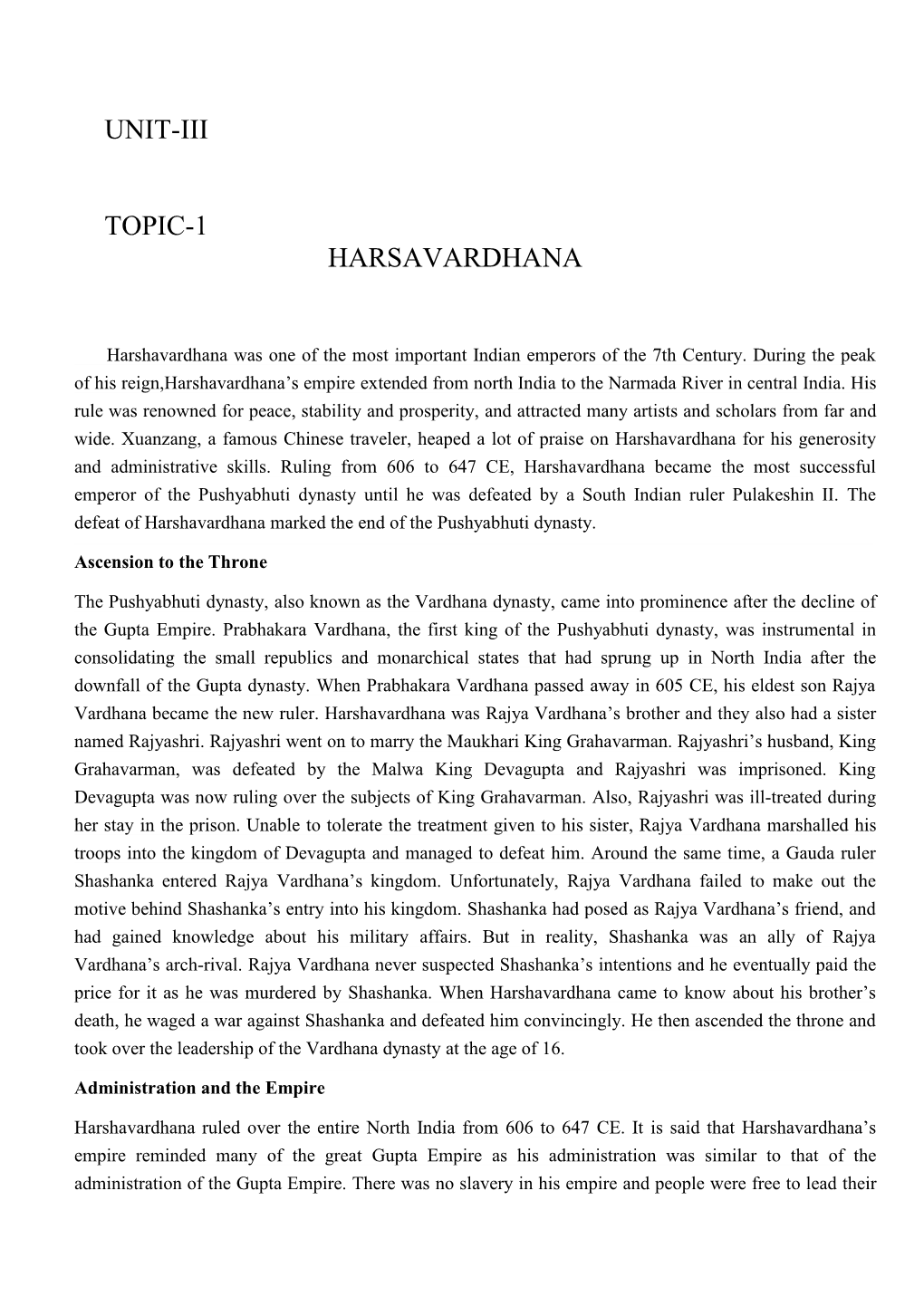 Unit-Iii Topic-1 Harsavardhana