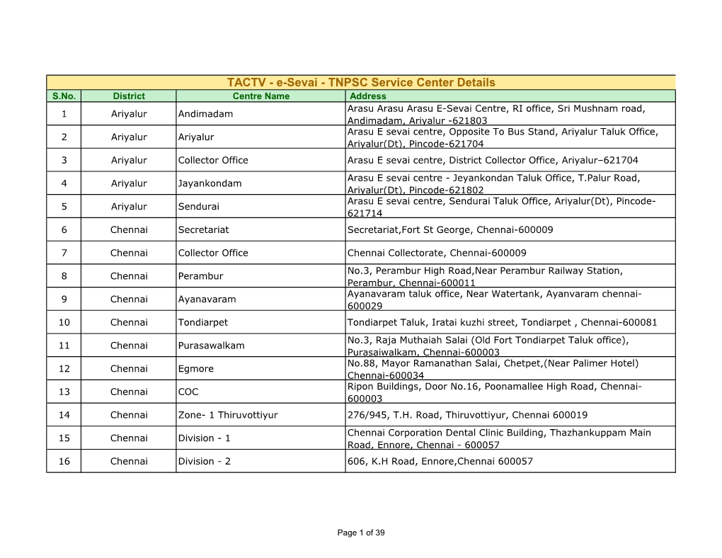 TACTV - E-Sevai - TNPSC Service Center Details S.No