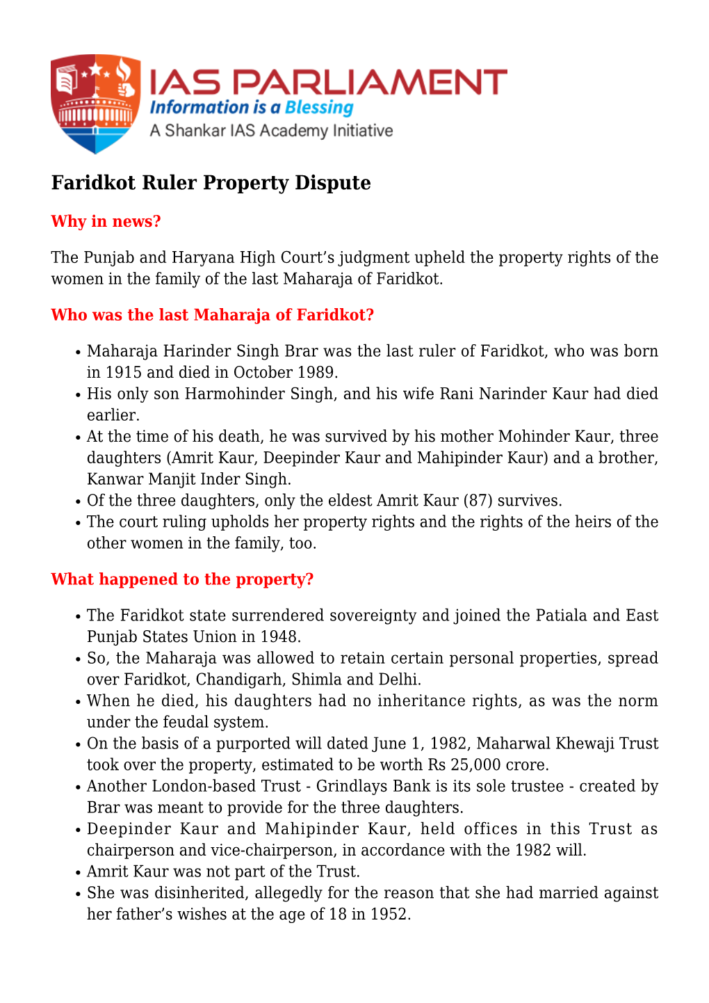 Faridkot Ruler Property Dispute
