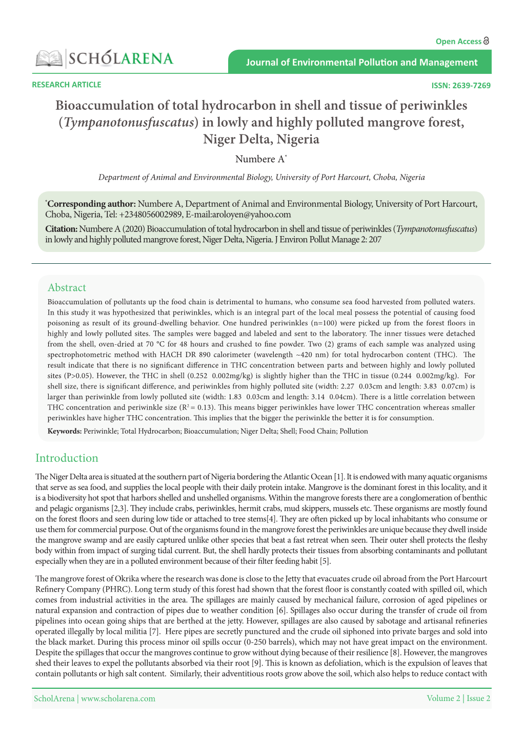 Bioaccumulation of Total Hydrocarbon in Shell and Tissue of Periwinkles