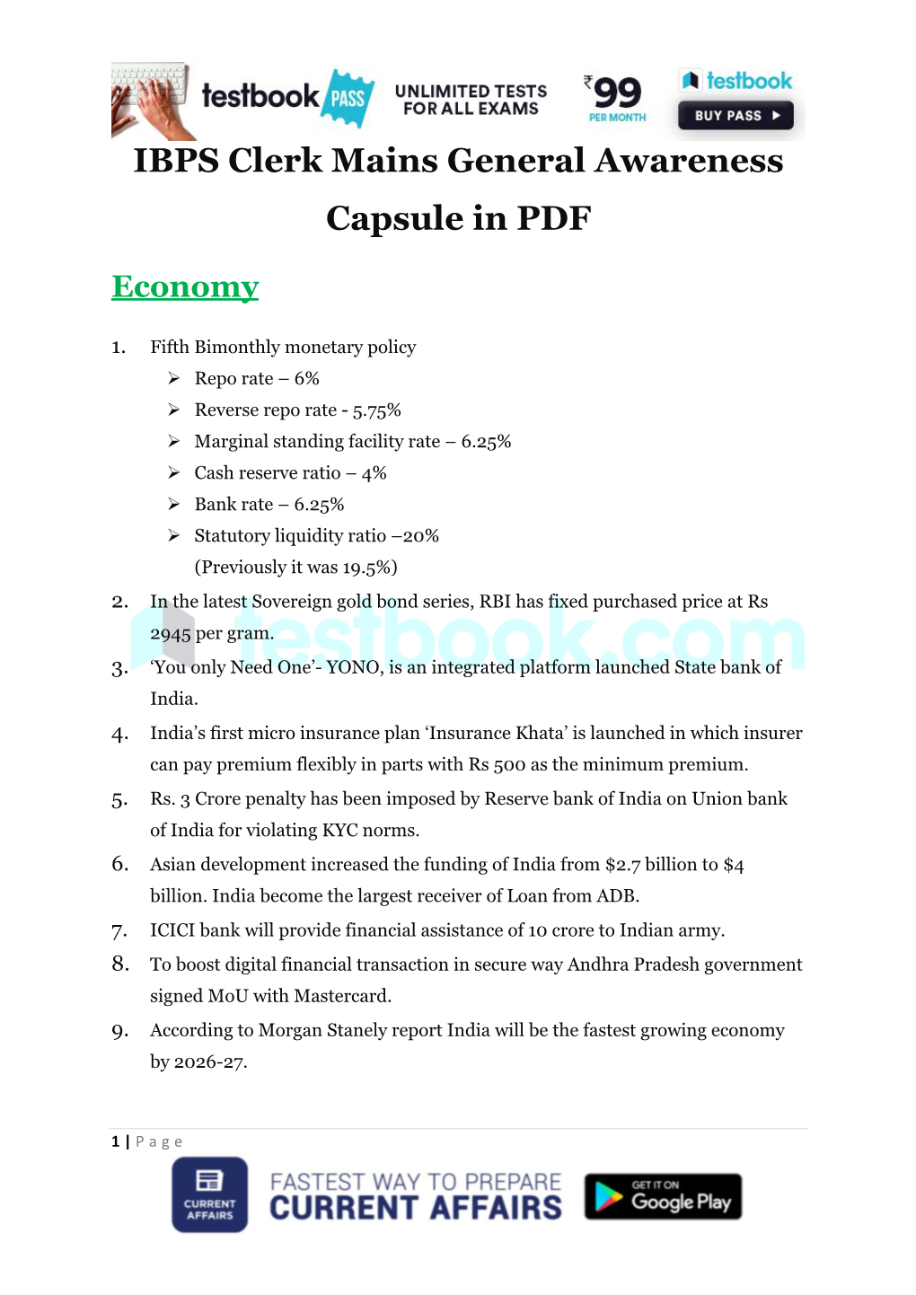 IBPS Clerk Mains General Awareness Capsule in PDF