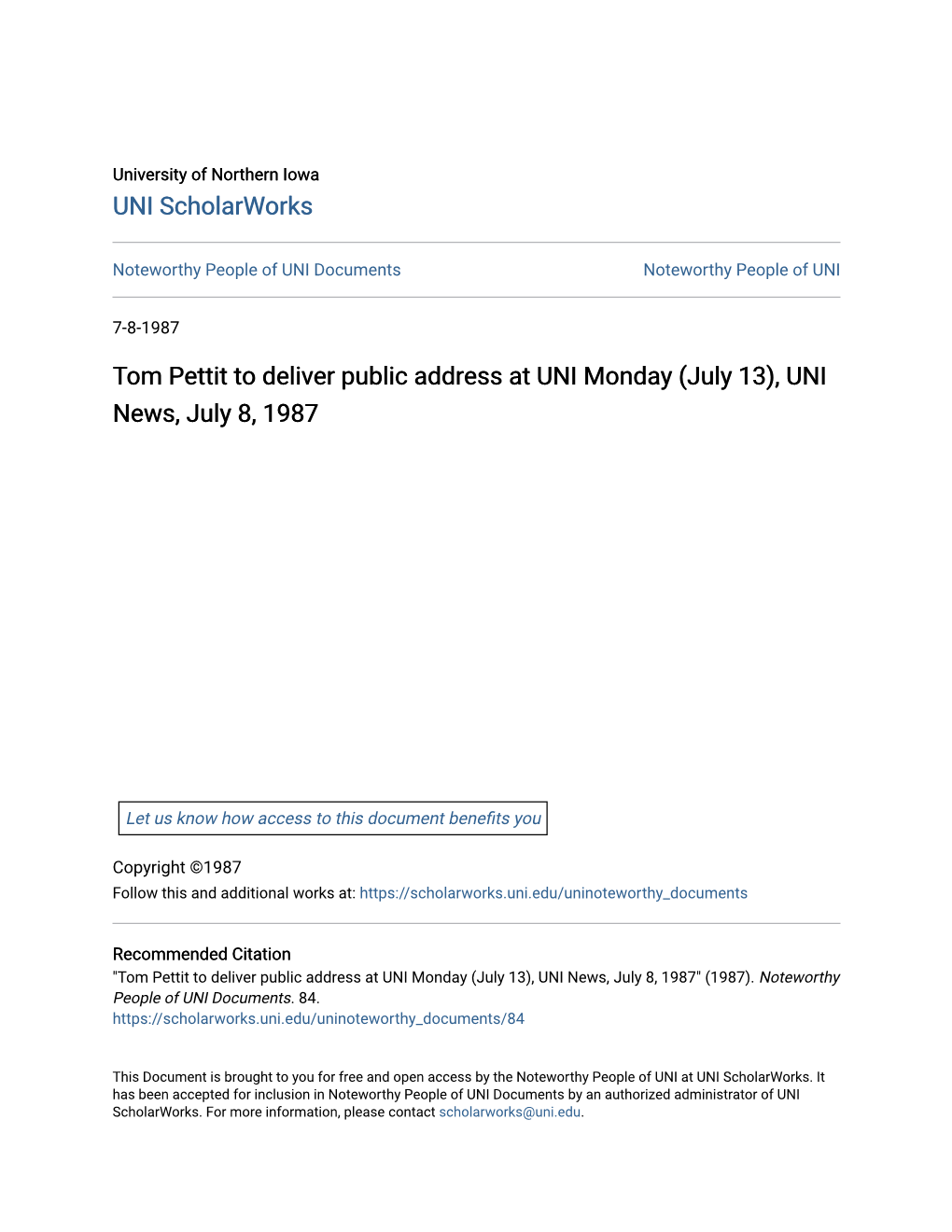 Tom Pettit to Deliver Public Address at UNI Monday (July 13), UNI News, July 8, 1987