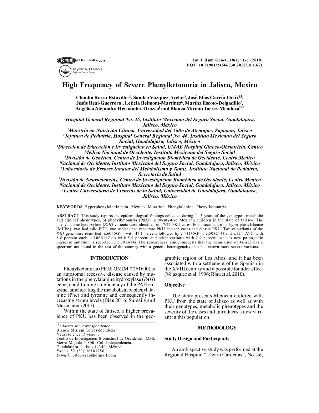 High Frequency of Severe Phenylketonuria in Jalisco, Mexico