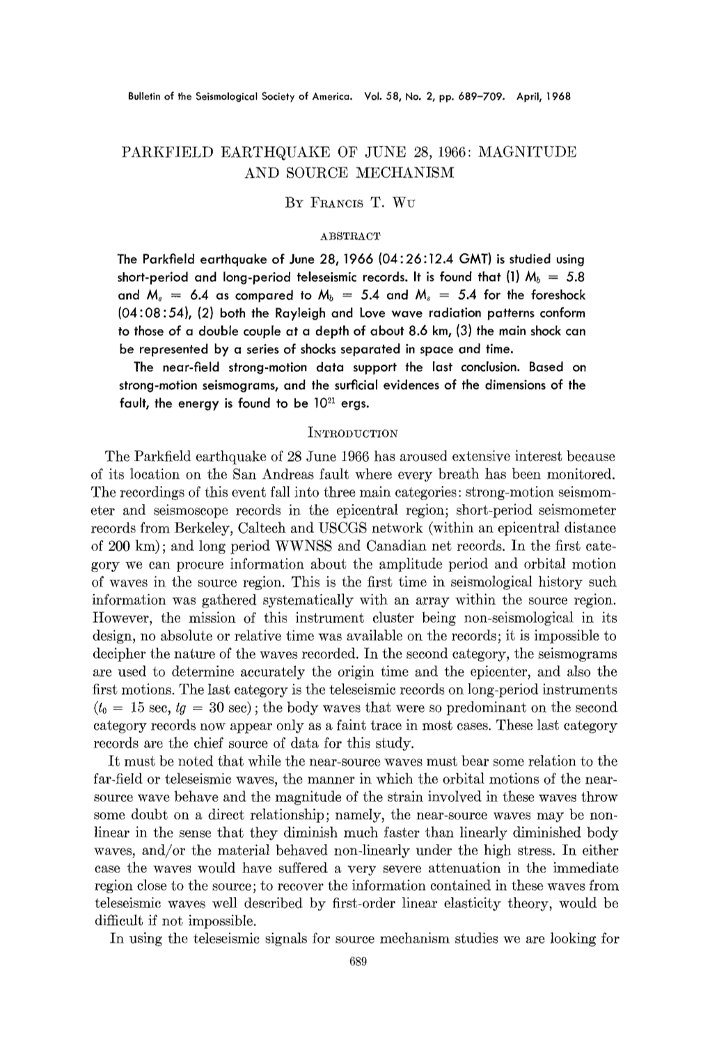 Parkfield Earthquake of June 28, 1966: Magnitude and Source Mechanism by Francis T