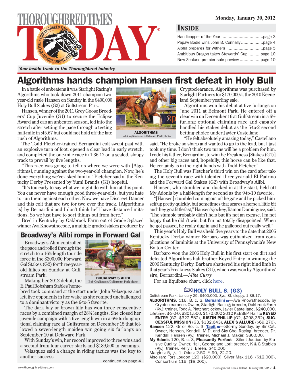 THOROUGHBRED TIMES Monday, January 30, 2012 ® INSIDE Handicapper of the Year